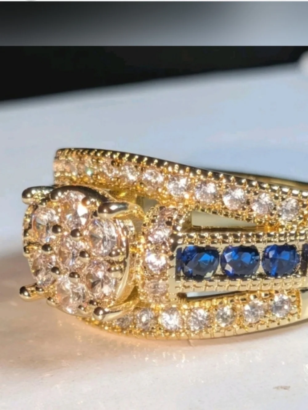 Classic Gold-Plated Blue Lab Created Sapphire Cluster Ring - Women Jewelry Sz 10